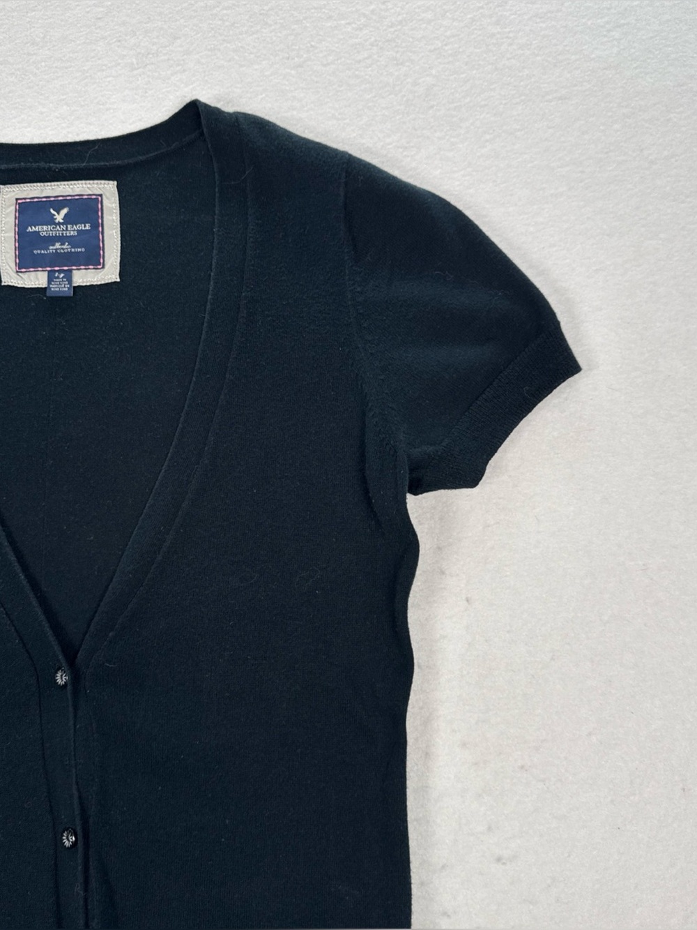 American Eagle Short Sleeve Long V-Neck Cardigan Women’s L Black Pockets Cotton - Picture 5 of 8